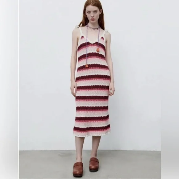 ZARA Red Pink And Cream Striped Crochet Dress Limited Edition, Size M - Picture 2 of 11